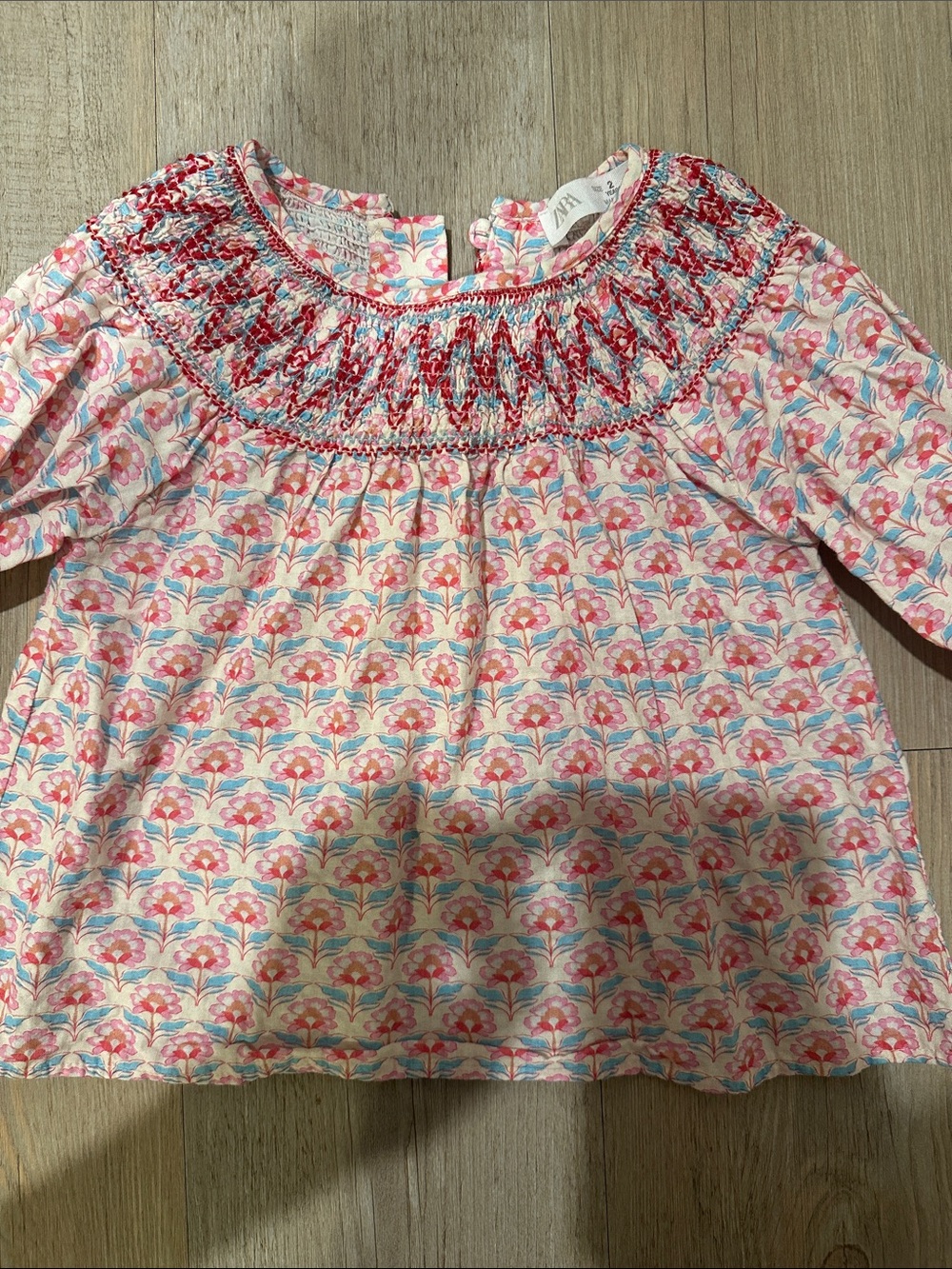 Zara Pink Red Floral Smocked Girls Blouse